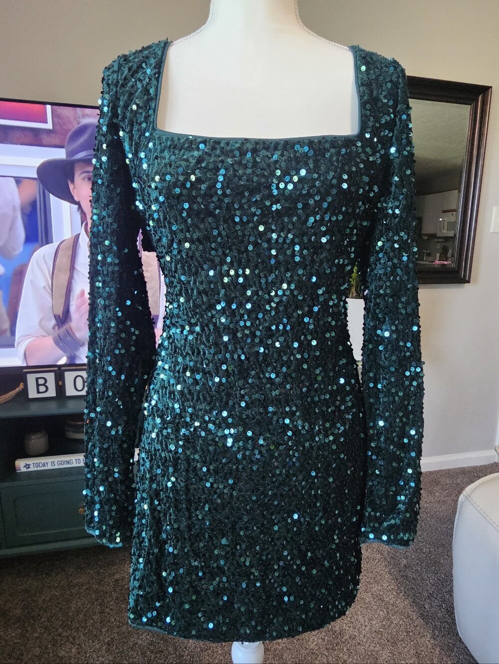 Lulus Teal Sequin Long Sleeve Square Neck Dress